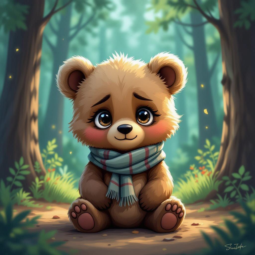 A hyper-realistic digital drawing of a cute bear cub with wi...