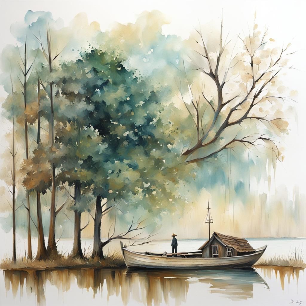 Gothic Riverside Scene: Boat and House in Gouache Style