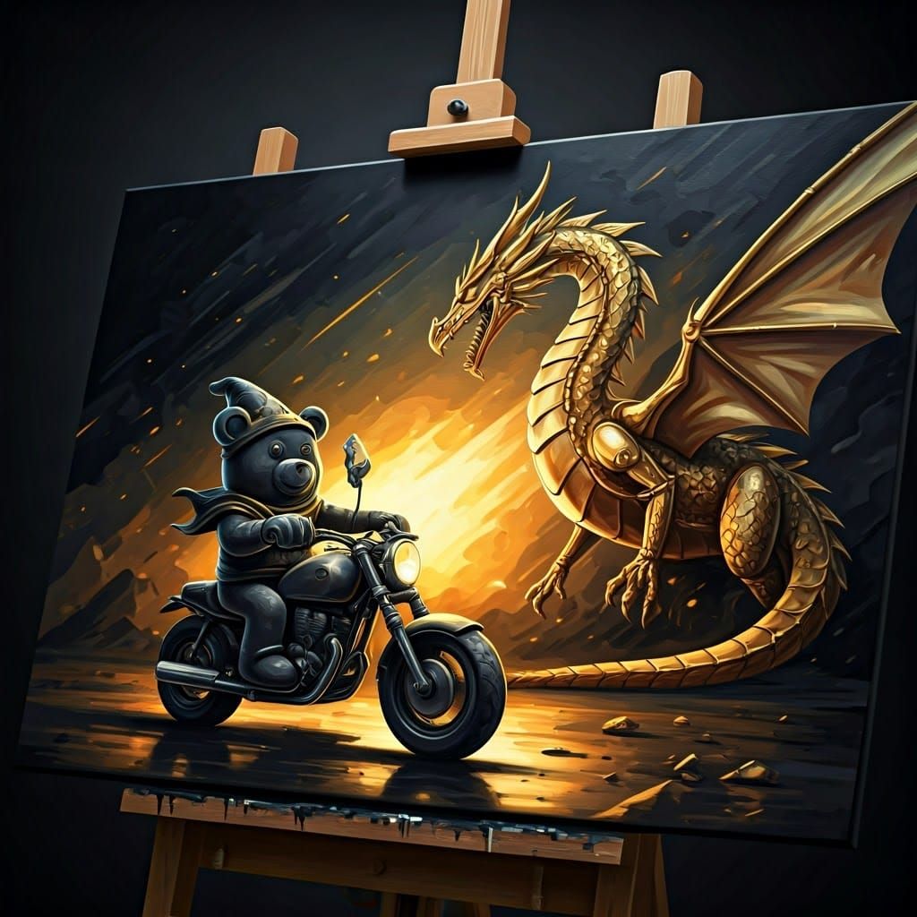 painting on an easel, a pitch black Gummy Bear Wizard on a motorcycle battles a gold 
metallic dragon whose huge  wings ...