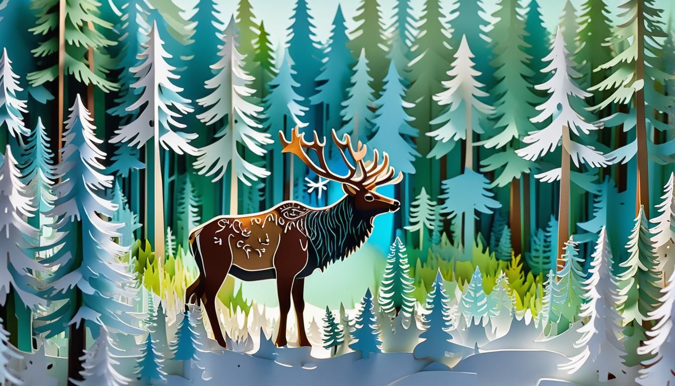 Elk in Winter Forest Papercut Art