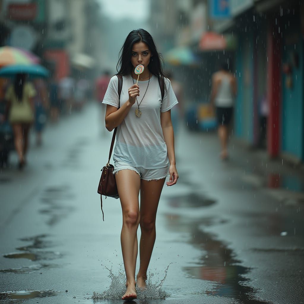 Woman in Transparent Top Walking in Rain, Photorealistic