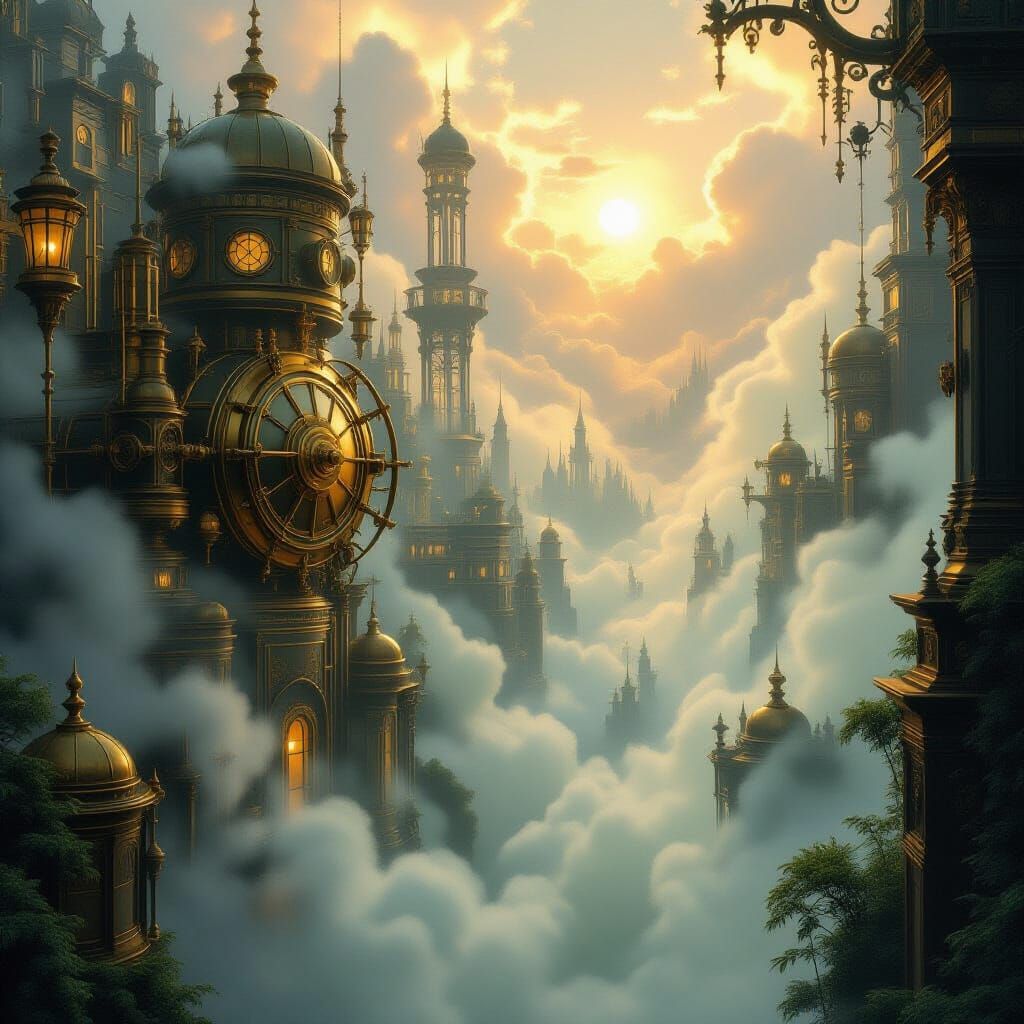 Steampunk Matrix Scene in Thomas Kinkade Style