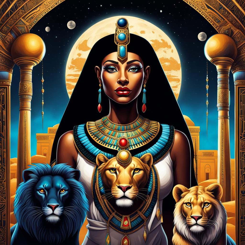 Egyptian Queen with Lions in Graffiti Art Style