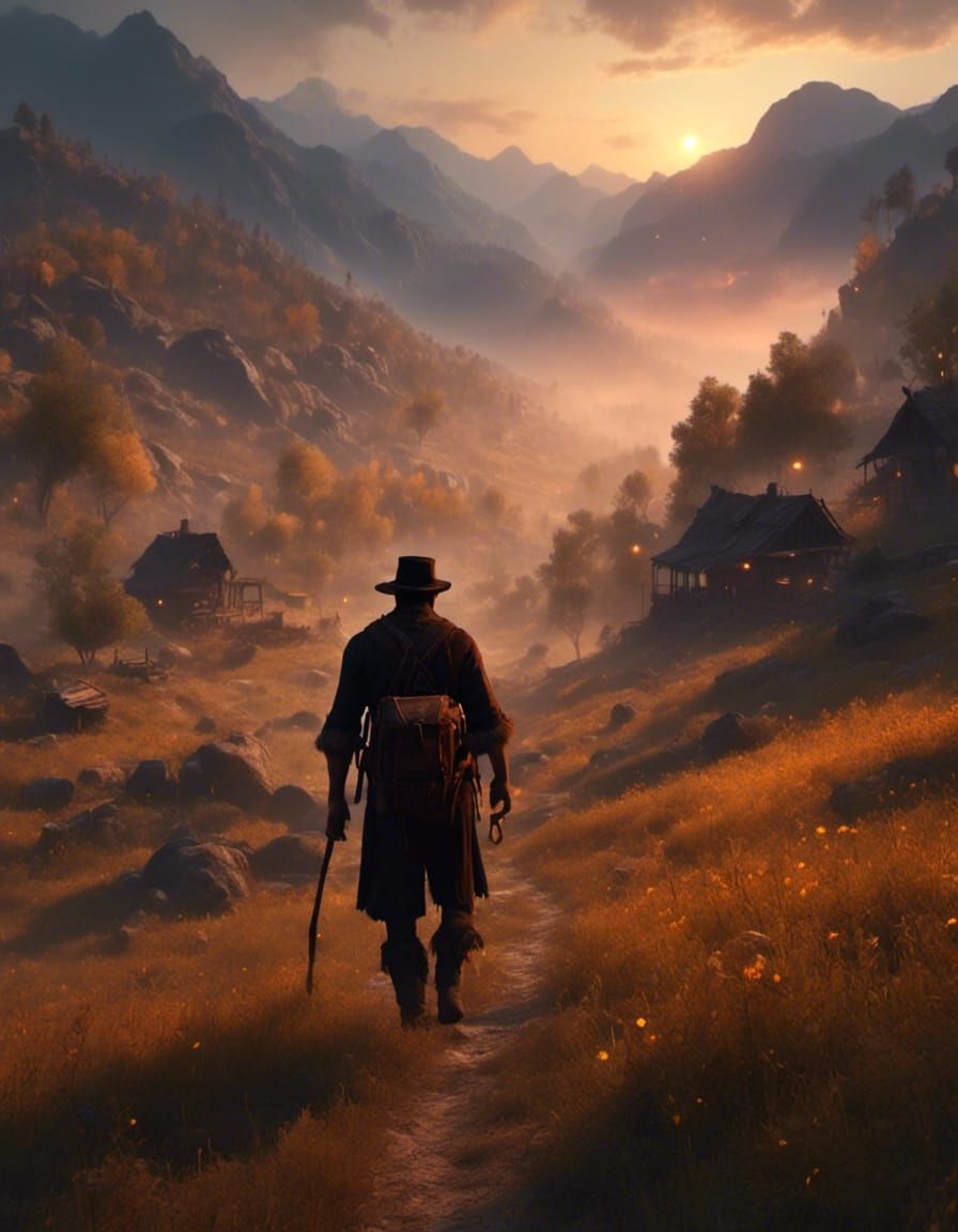 Fur Trapper Walks Alone at Sunset
