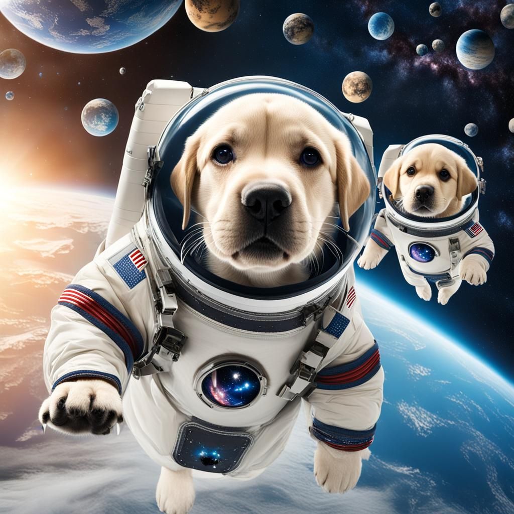 Labrador Puppies in Space Suits Floating