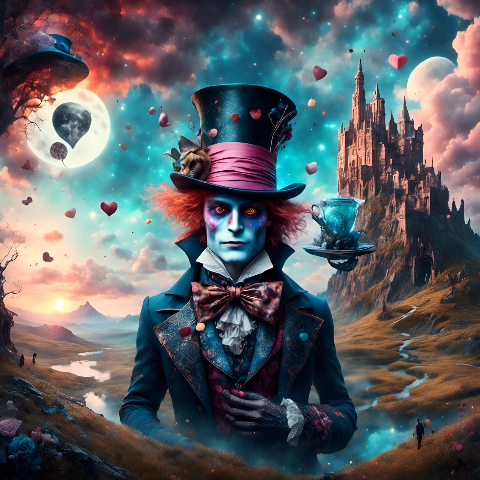 Mad Hatter and Cheshire Cat Portrait in Pastel Concept Art