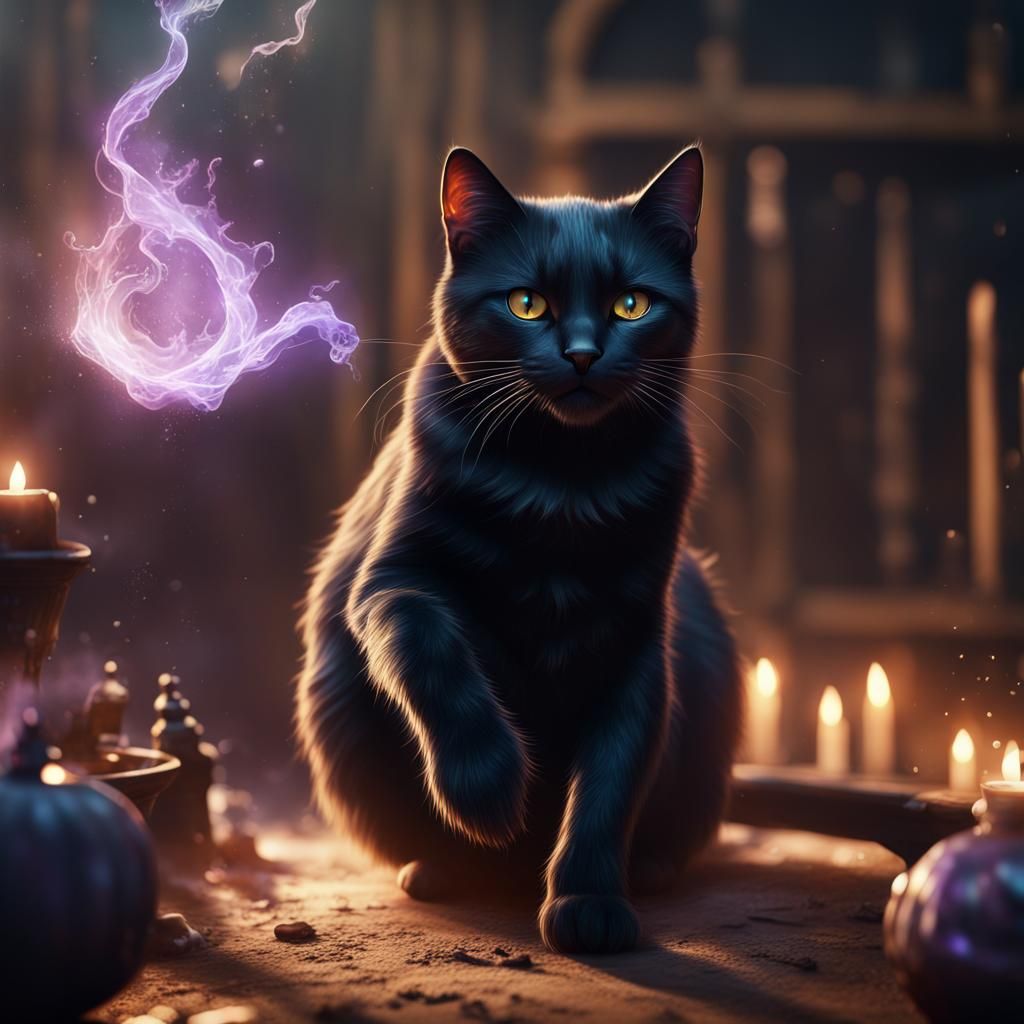 Magical Black Cat Casting Spells in Fantasy Art
