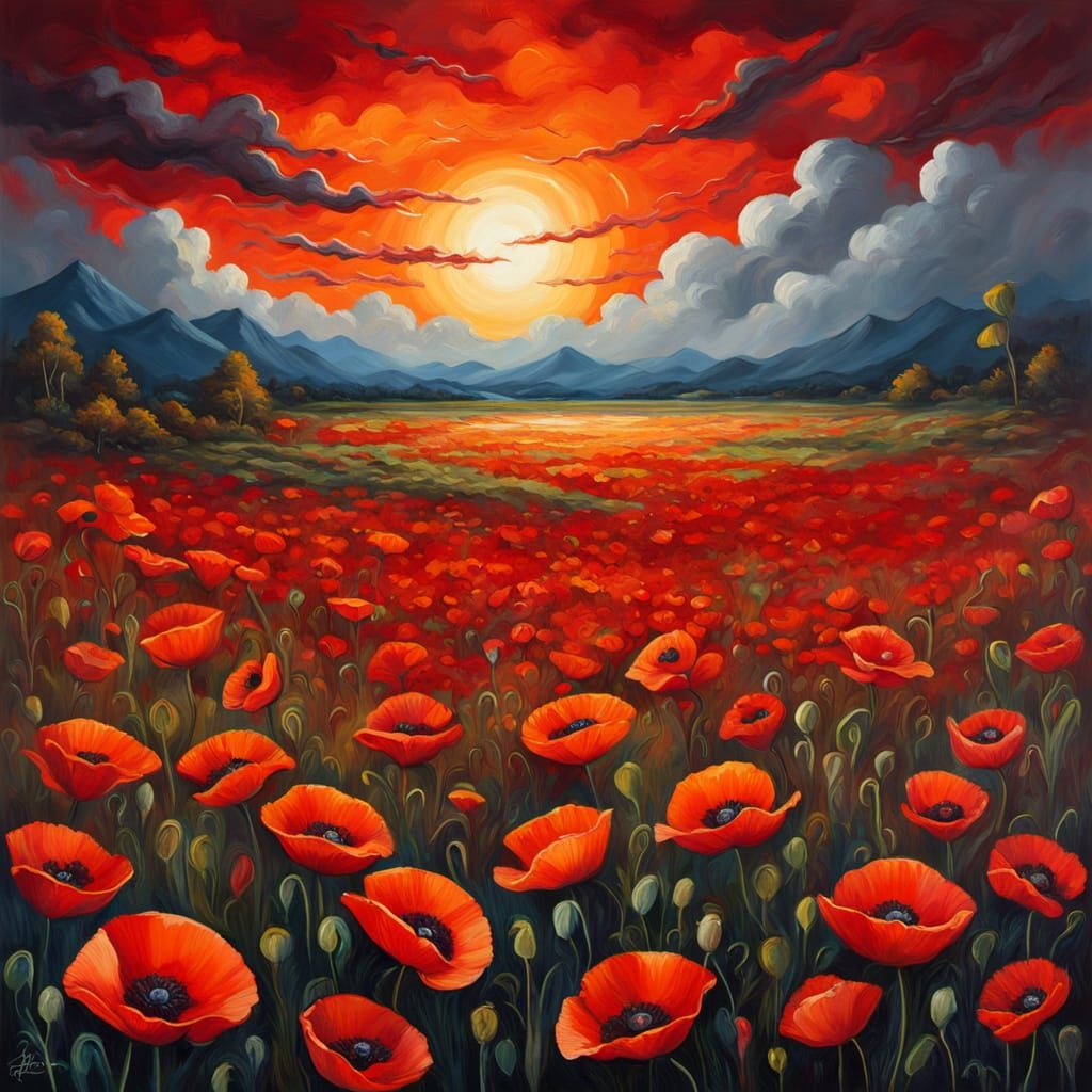 Poppy Field Under Burning Sky as Oil Painting