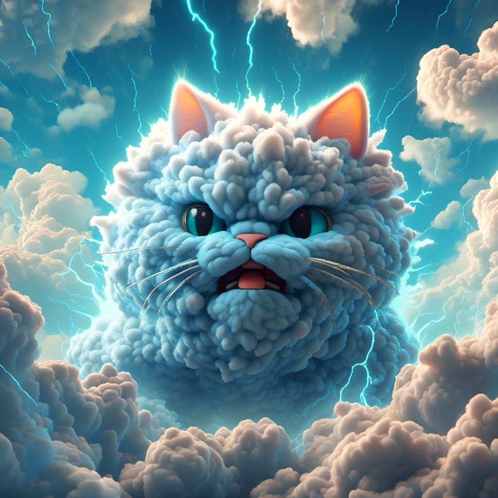 fluffy smoke cloud anime charging <lora:Cloud Animals:1.0>cute angry Fat Cat; thunder lightning storm background; cyan b...