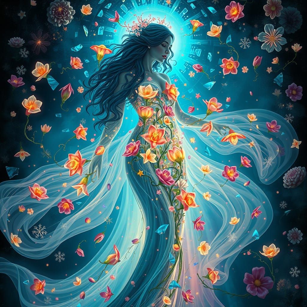 Mystical Woman in Labyrinthine Aura of Light and Whimsical F...