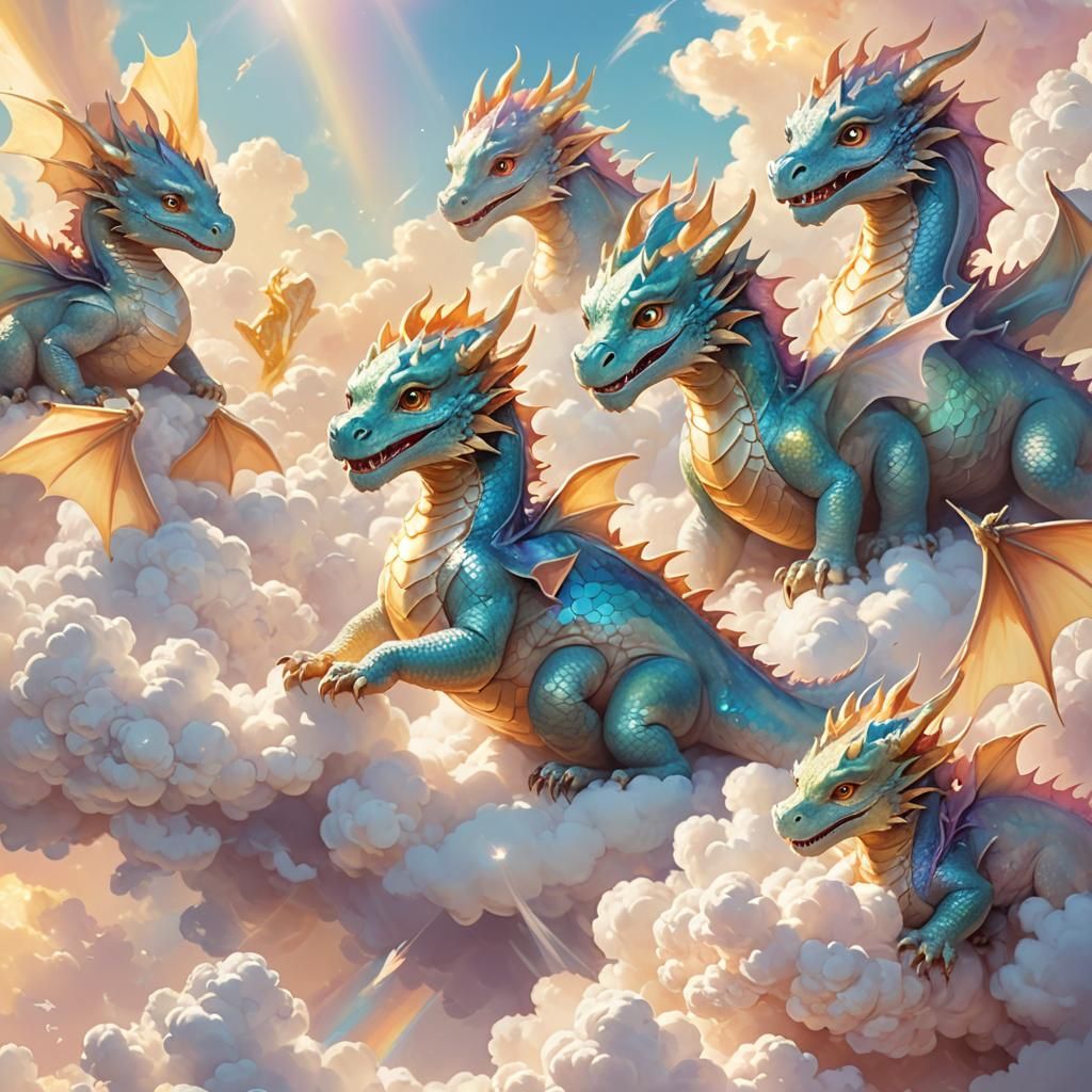 Baby Dragons Playing in Heavenly Cloud, Watercolor Art