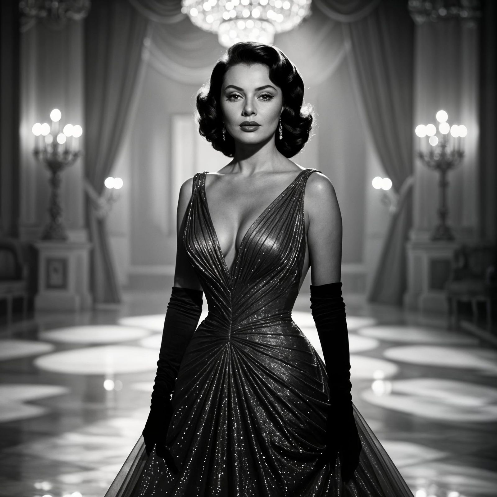 Vintage Hollywood Starlet in Opulent Ballroom