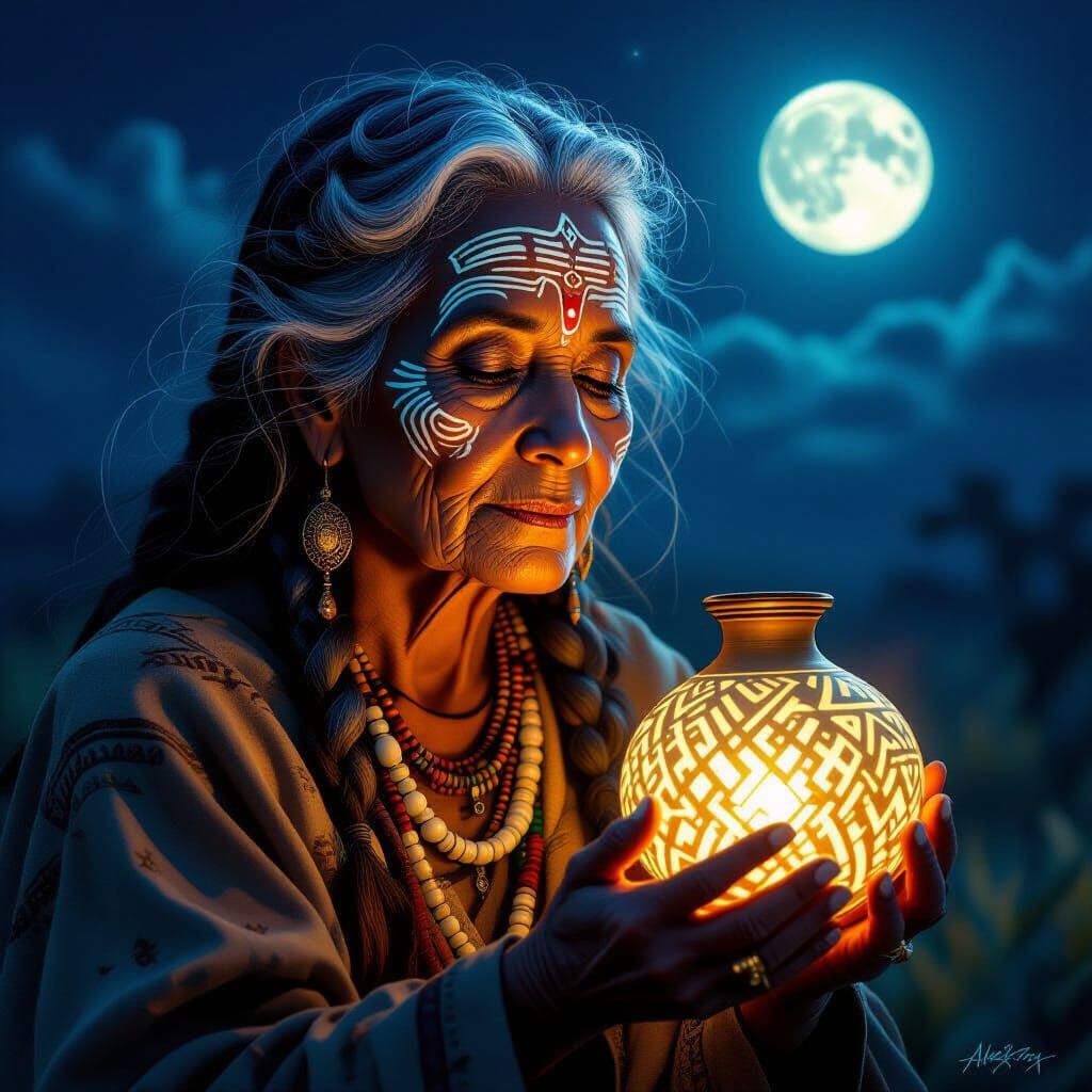 Mystical Old Woman with Glowing Markings and Calabash in Moo...