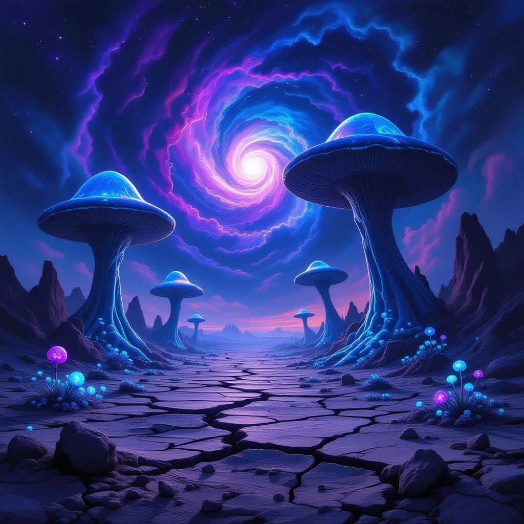 Giant Crystal Mushrooms in Cosmic Nebula Sky