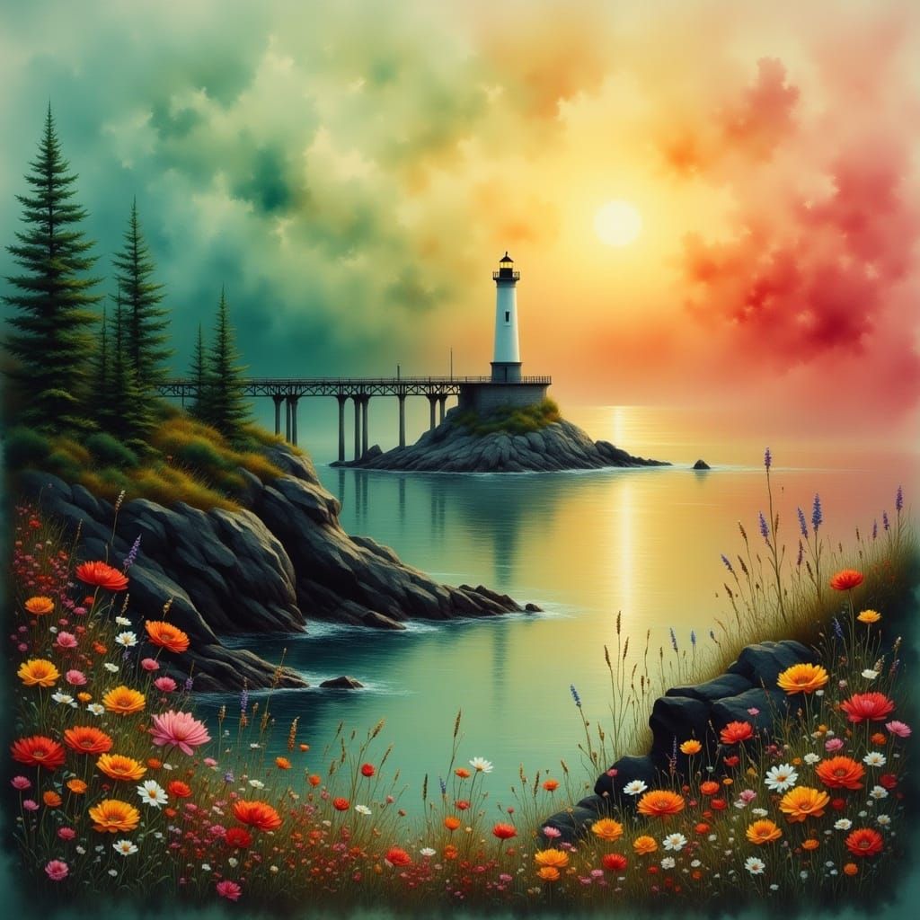 Vibrant Coastal Lighthouse Amidst Wildflowers