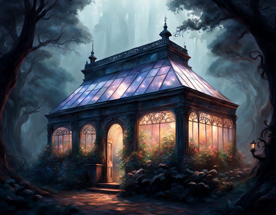 Ethereal Greenhouse Scene in Cubist Fantasy Style