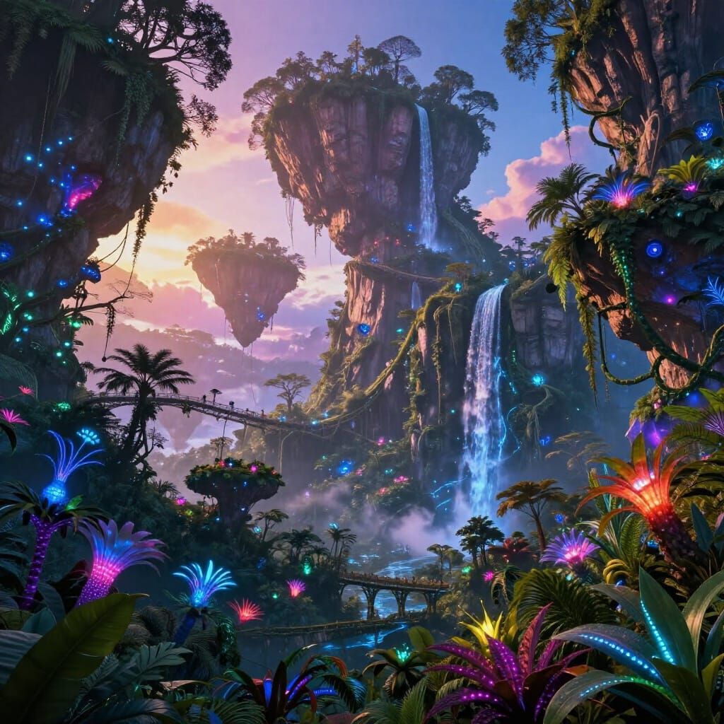 Alien World Landscape with Floating Islands and Bioluminesce...