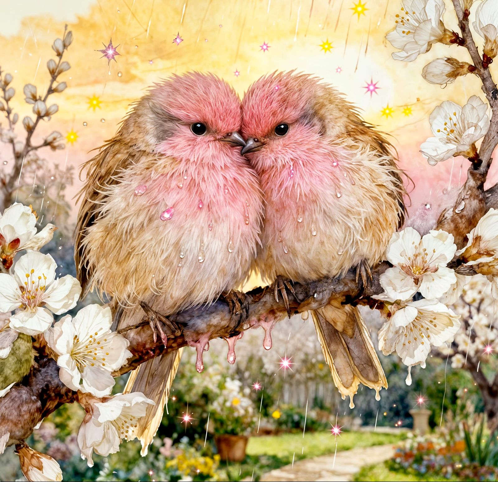 Tiny Birds Snuggled on Blossom Branch in Watercolour