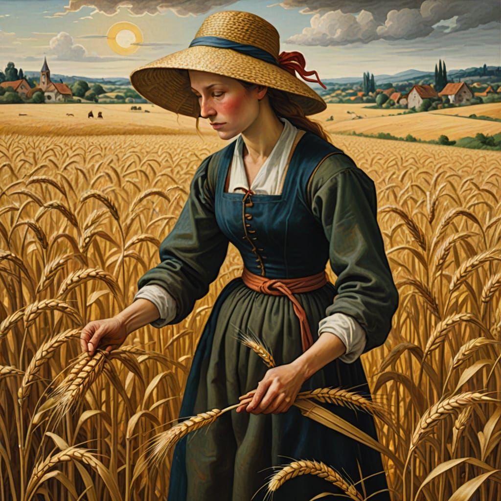 Medieval Woman Harvesting Wheat in Sun-Drenched Field