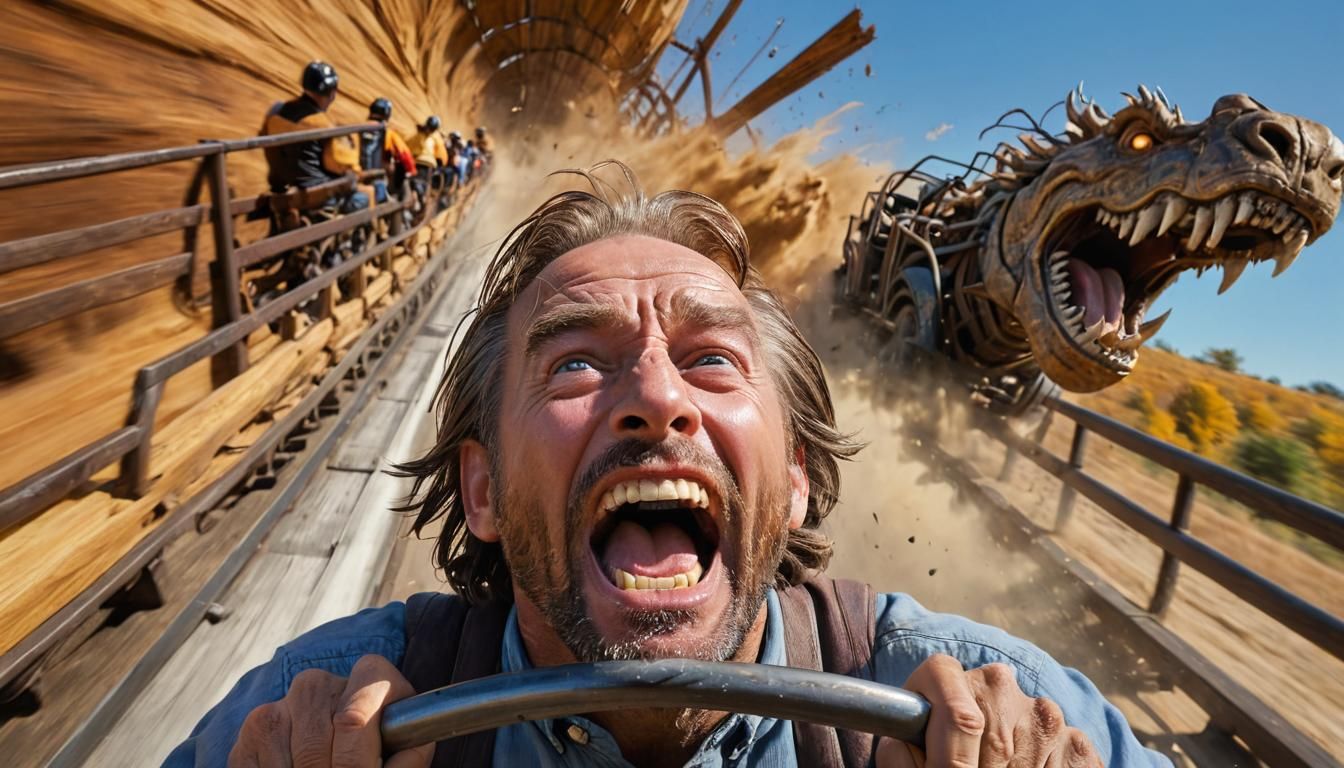 Frightened Man on Rollercoaster in Hyperrealistic Style