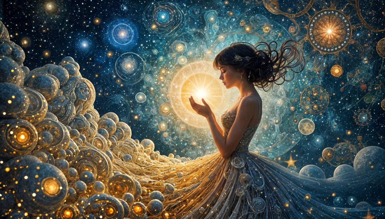 Woman Protects Light in Galactic Cosmic Scene