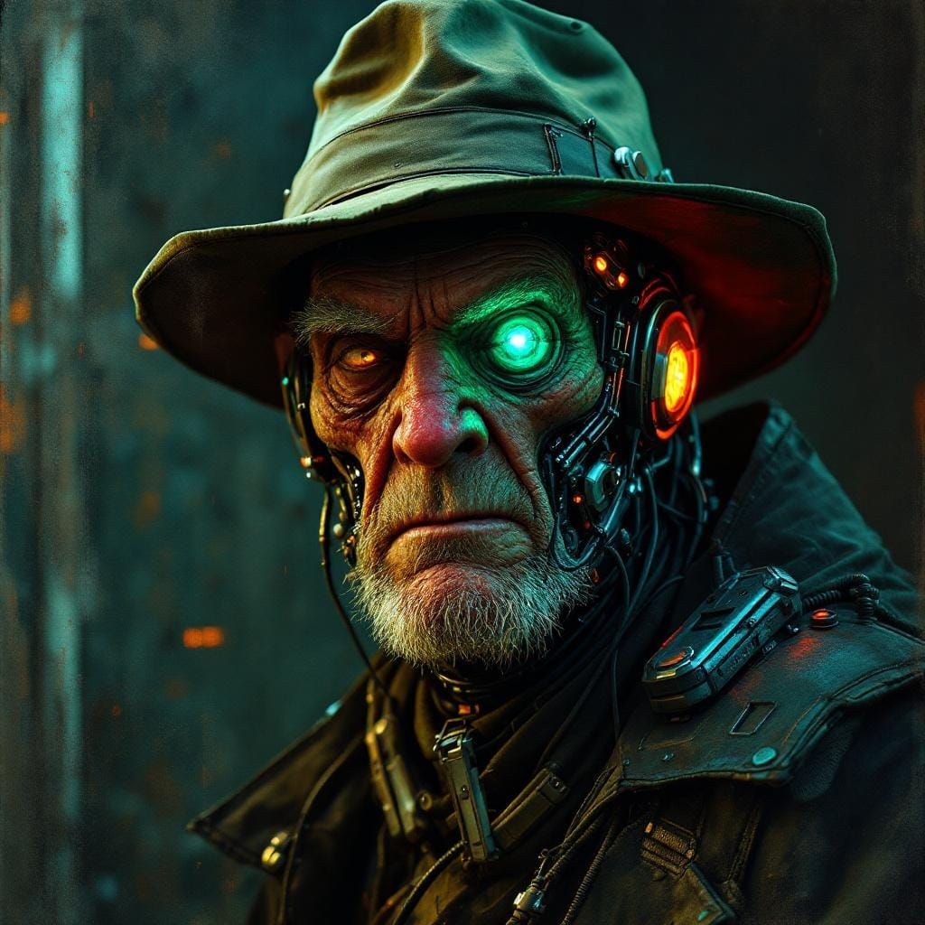 Cyborg Old Man in Cyberpunk Hyper-Maximalist Style