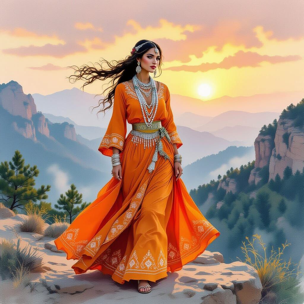 Berber Woman in Djurdjura Mountains, Watercolor Style