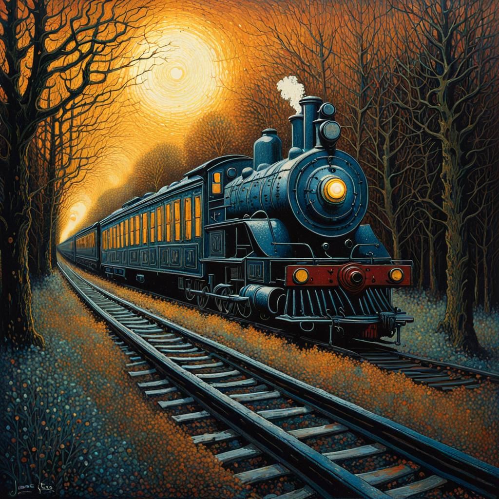 Eerie Train at Abandoned Station in Impasto Style