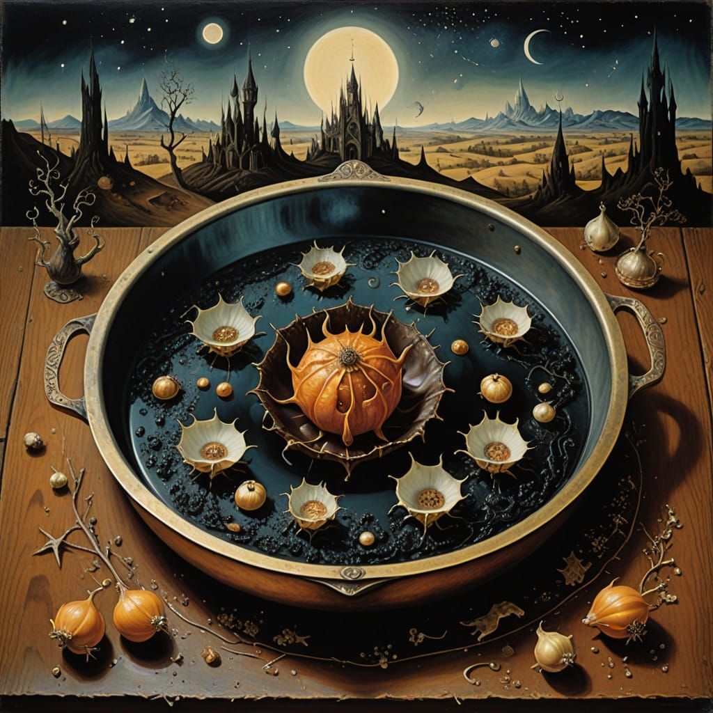 Surrealist Wooden Table Scene with Copper Pan and Balsamic G...