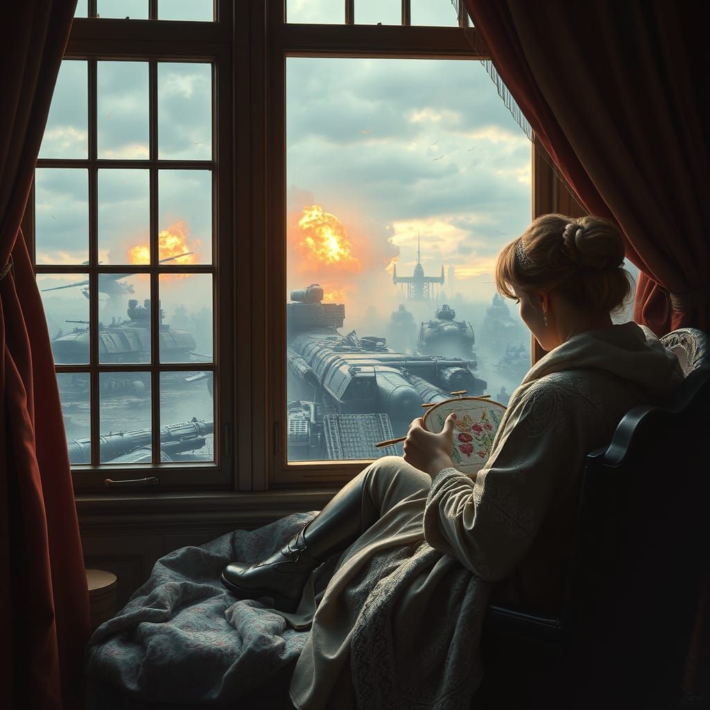 Epic Digital Matte Painting of Woman in War-Torn Landscape