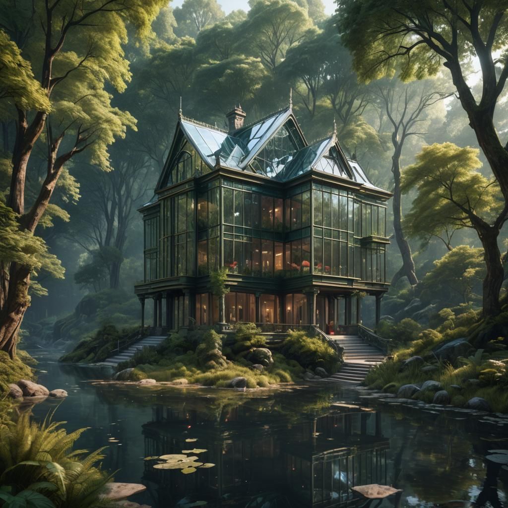 Glass Mansion in Bright Forest: Detailed Matte Painting