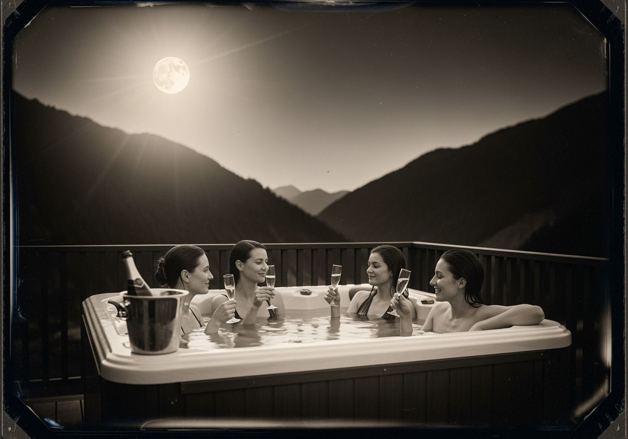 Four Women Enjoy Champagne in a Hot Tub Under a Full Moon