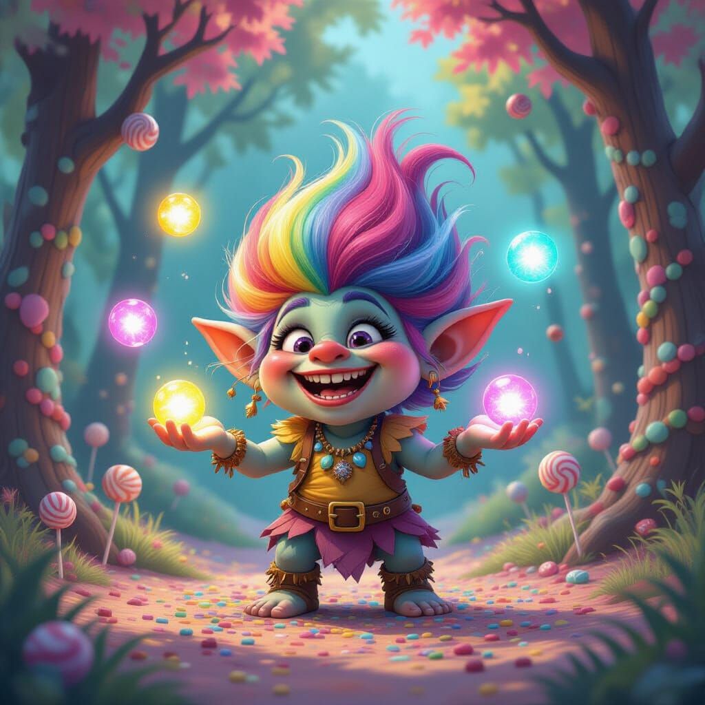 Rainbow Troll Juggling Orbs in Candy Forest