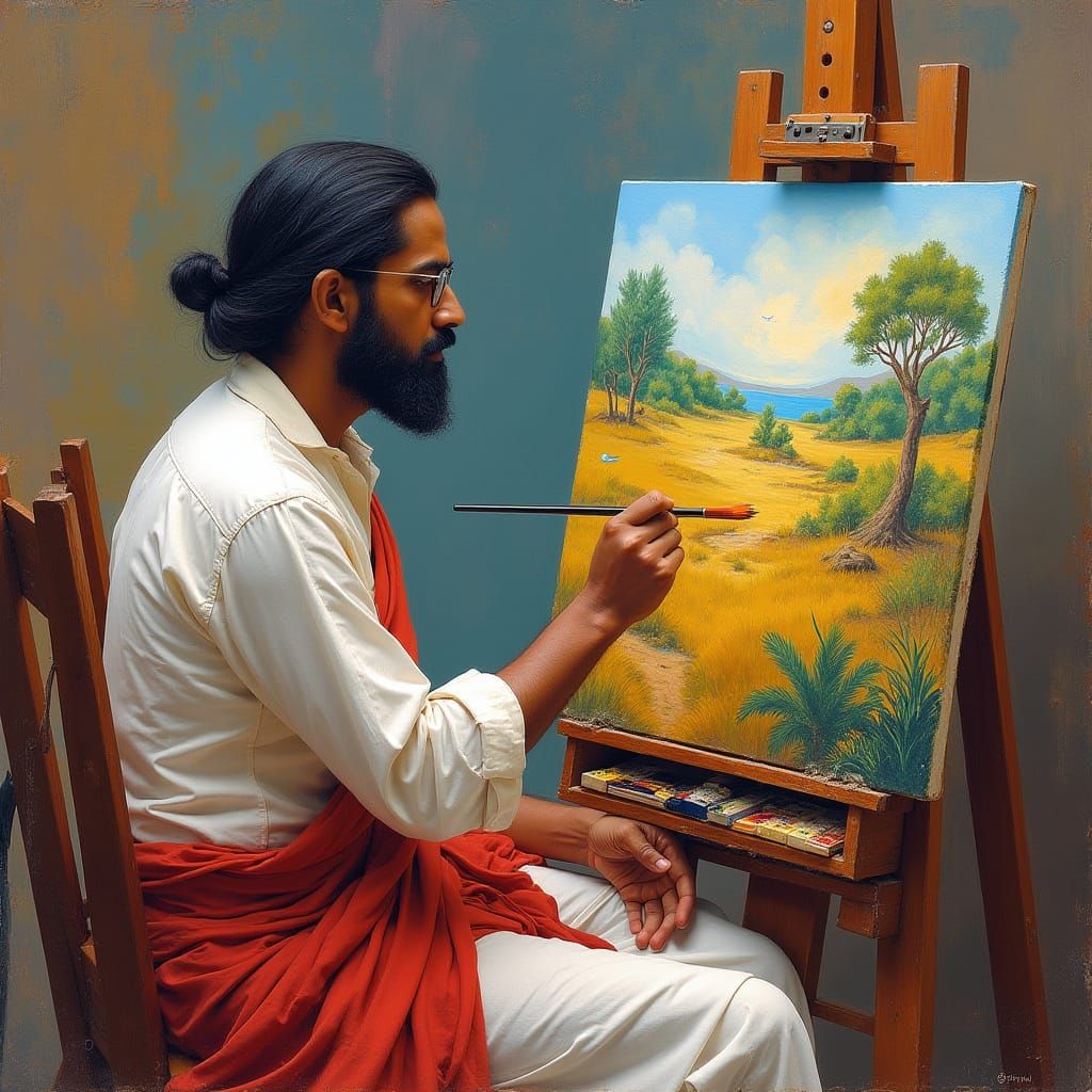 Indian Artist Painting a Landscape in Modern Style