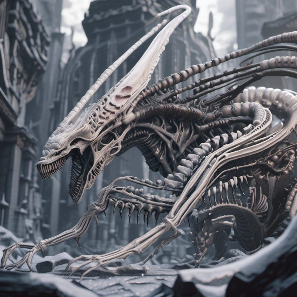 Biopunk Xenomorph Queen in Dystopian Setting