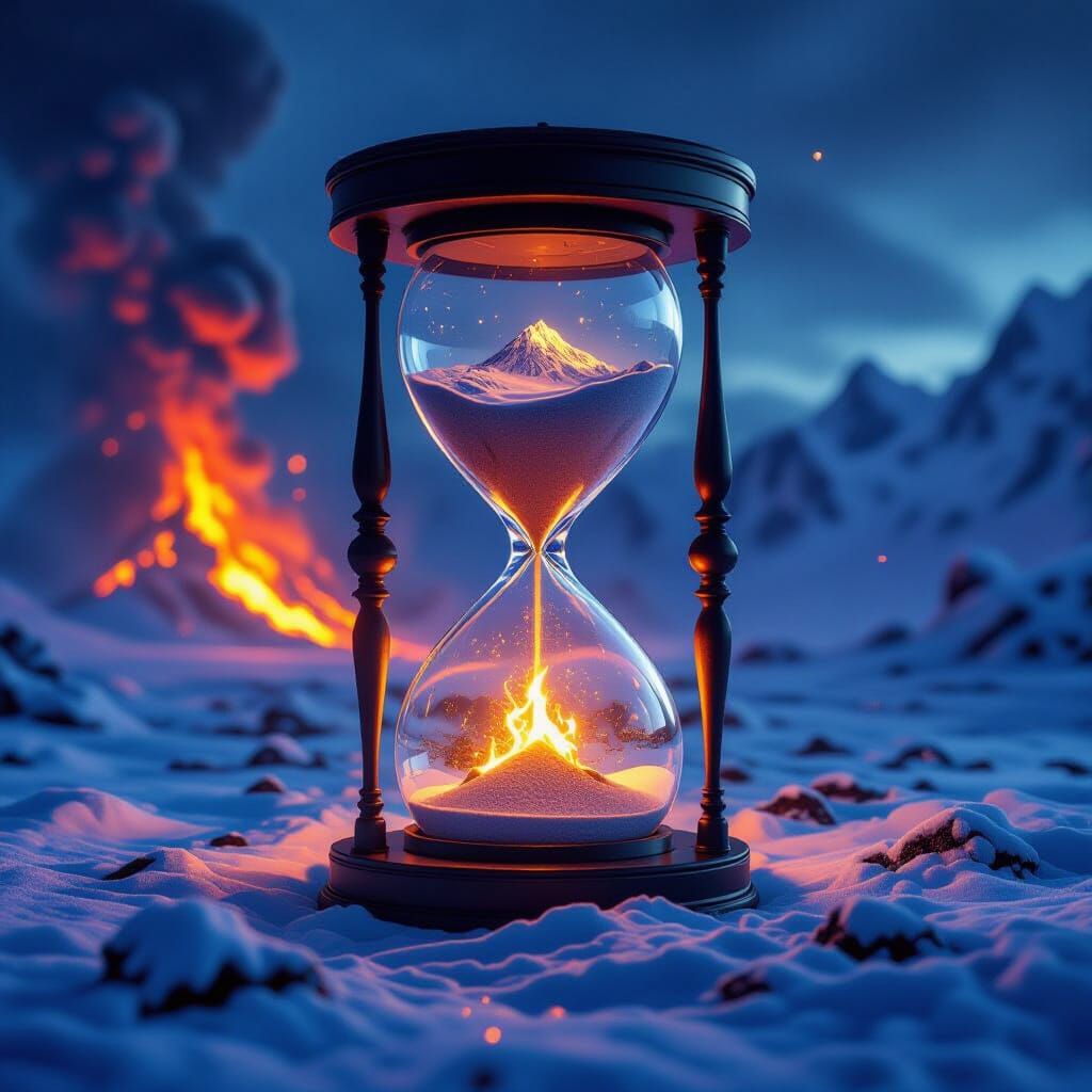 Volcanic Eruption Sand Clock with Contrasting Landscapes