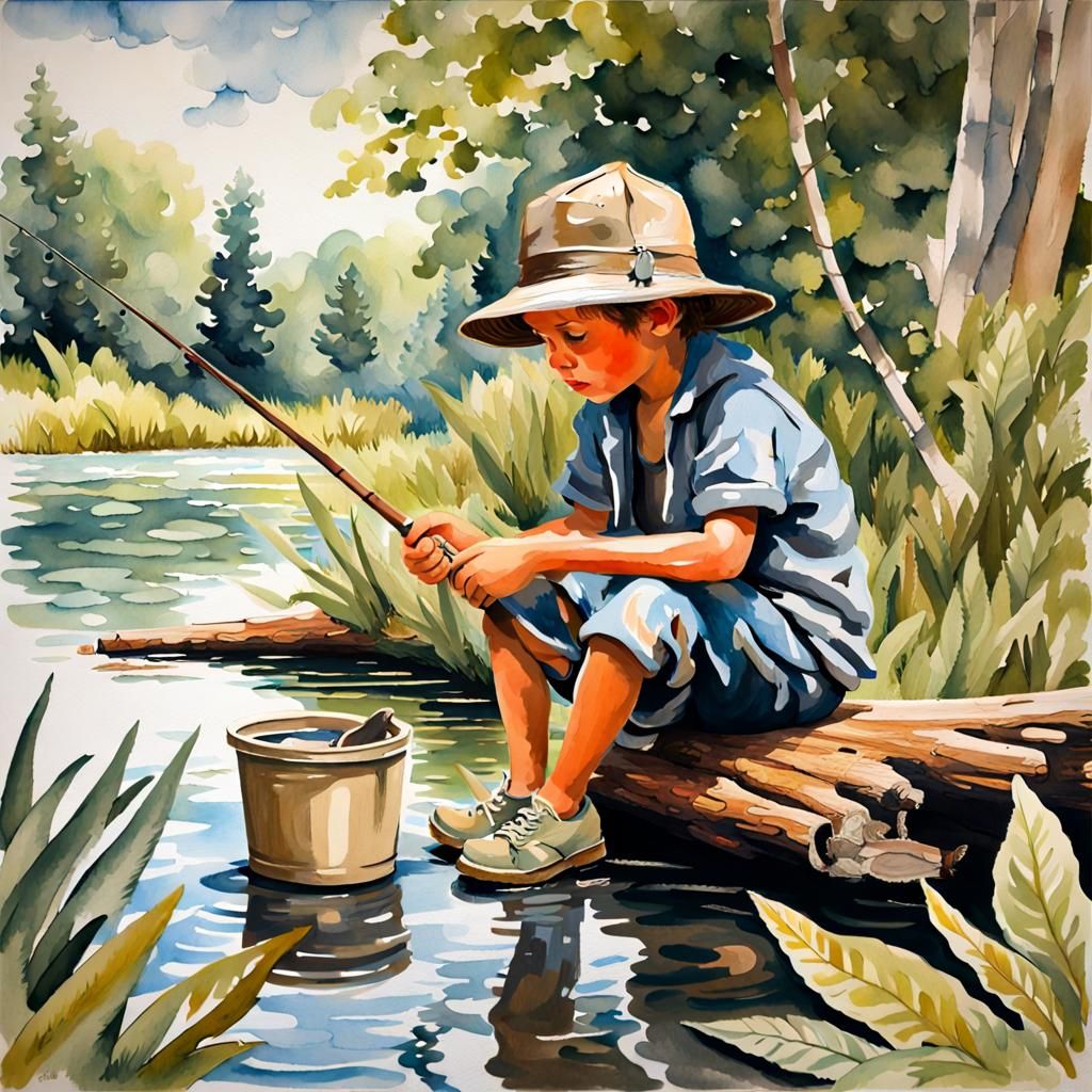 Boy Sitting on Log