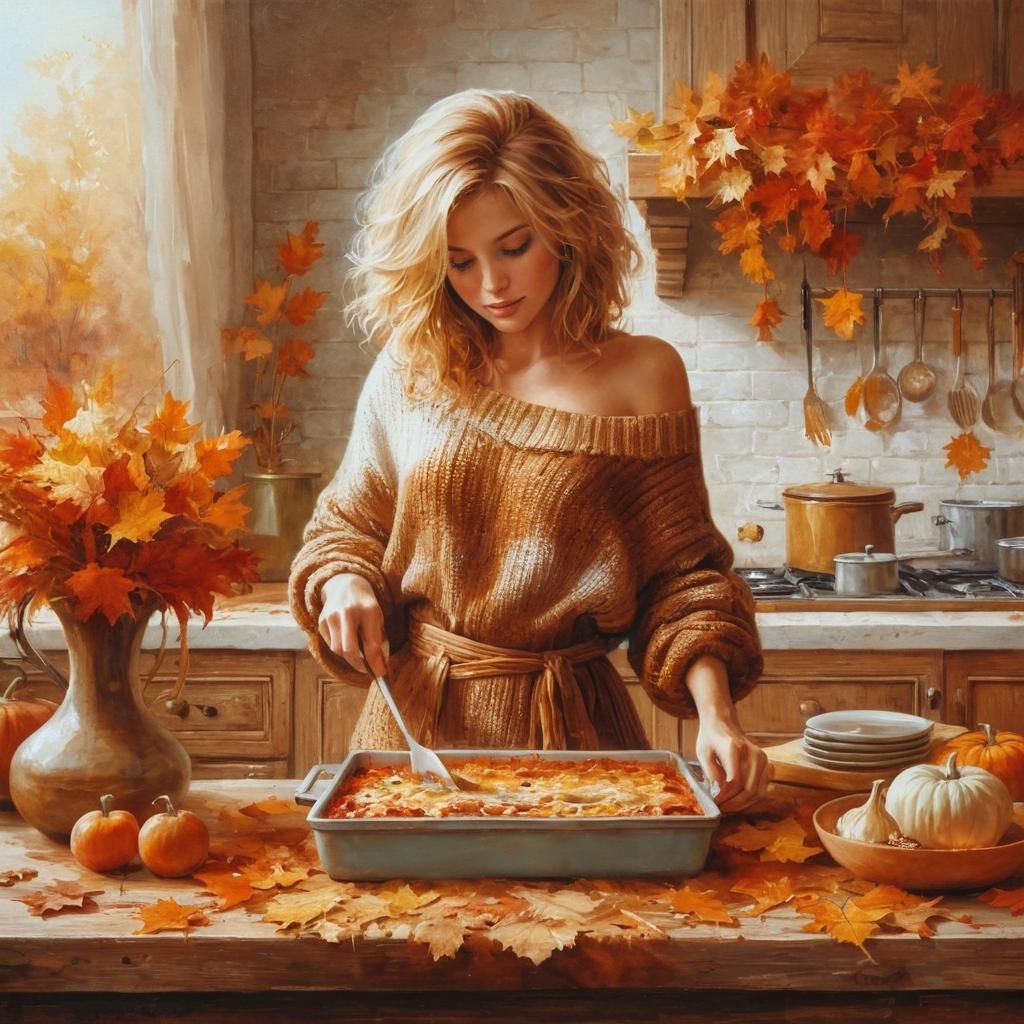 Woman Baking Lasagna in Autumn Kitchen Painting