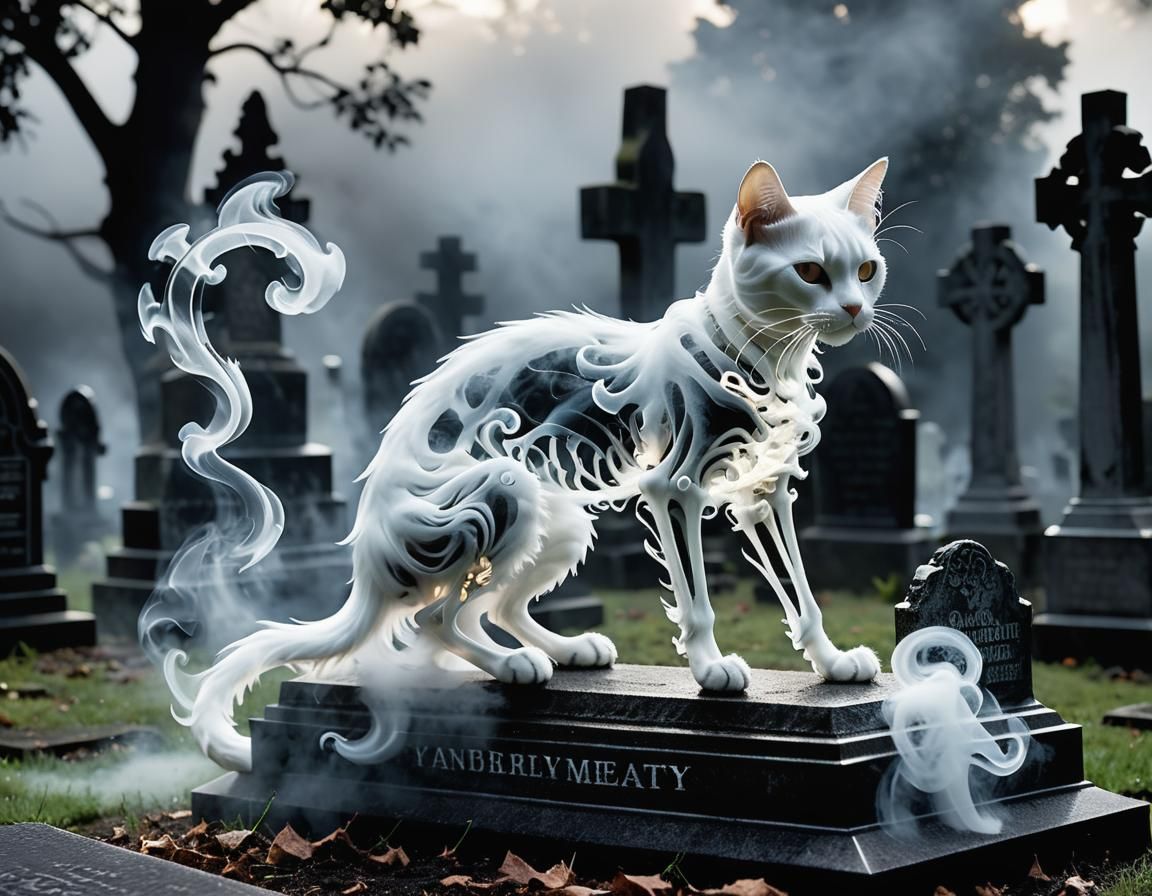 Ethereal Skeletal Cat Stretching in Cemetery, Comic Book Art
