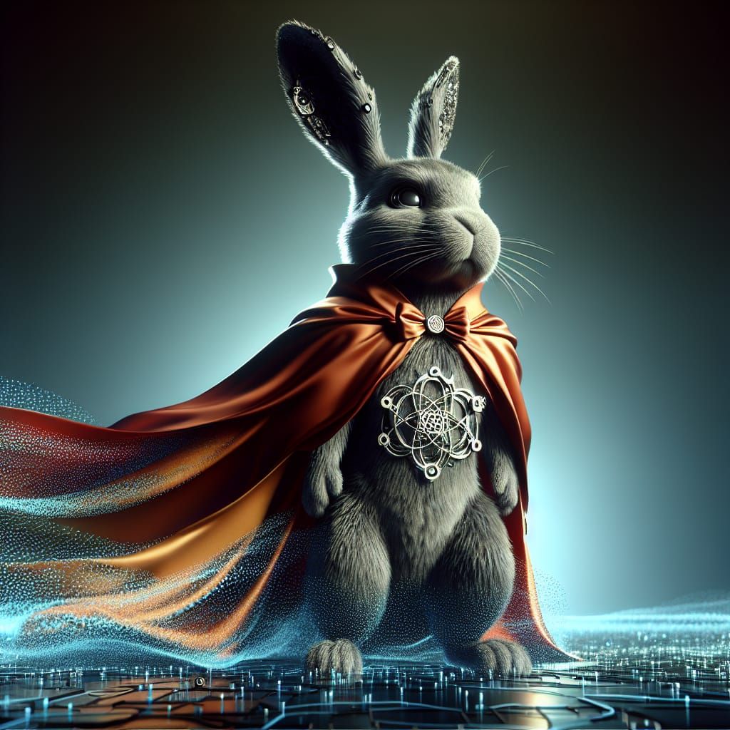 Mechanical Rabbit Superhero in Sci-Fi Cityscape