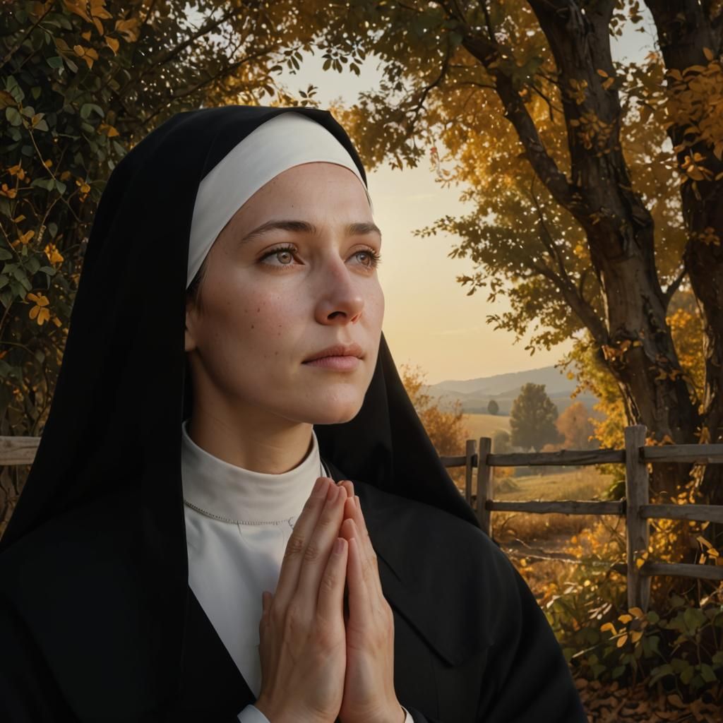 Young Nun Contemplates Autumn Horizon: Hyperrealistic Digita...