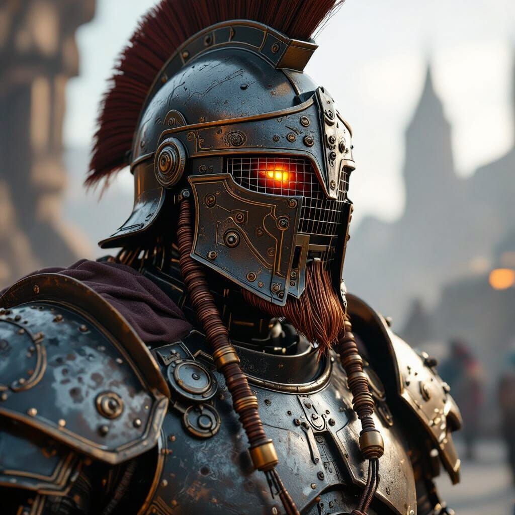 Warforged Centurion with Fiery Smile in Sci-Fi Landscape