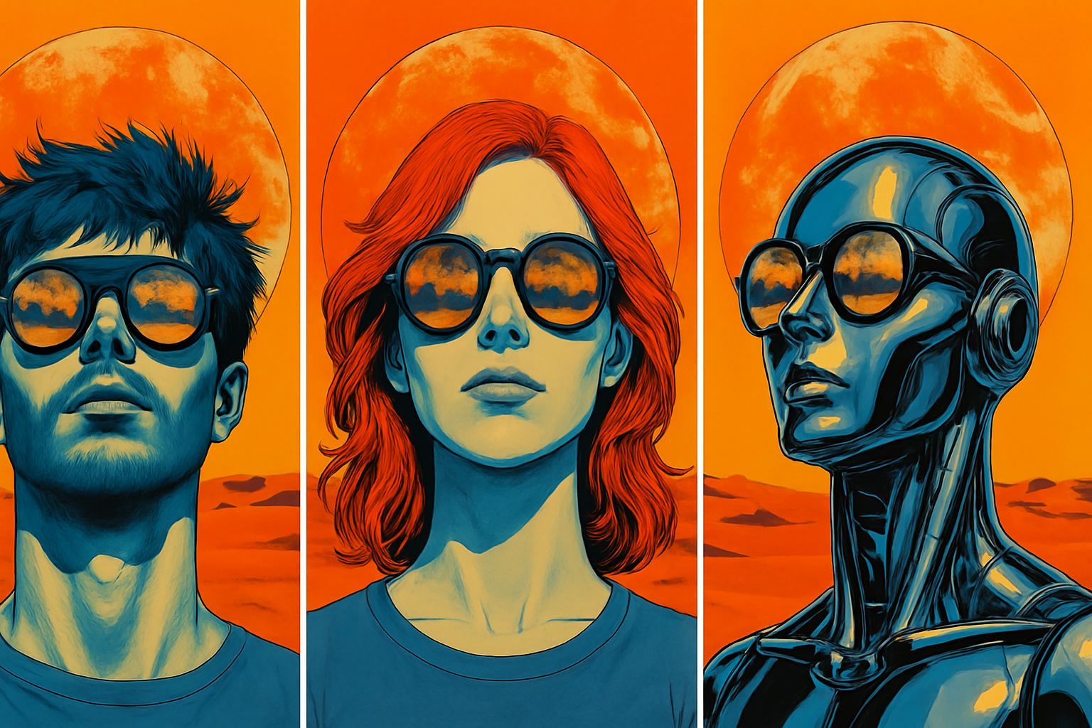 Triptych Panel: Figure Evolving into Girl and Cyborg