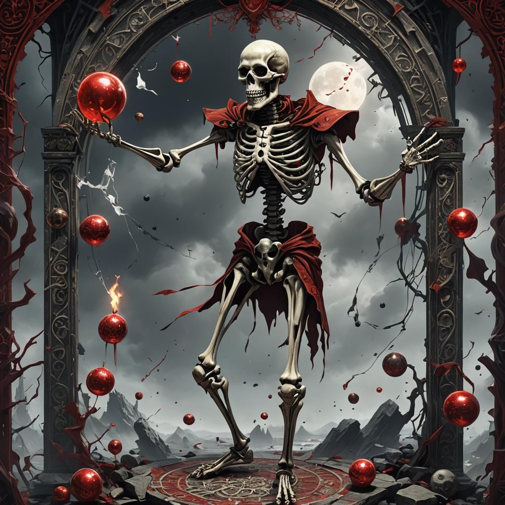 Skeleton Juggler Tarot Card in Dark Fantasy Style