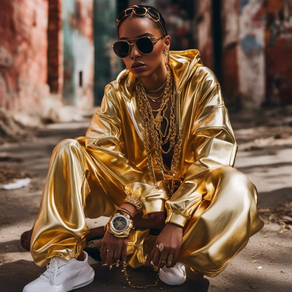 Hip-Hop star, gold necklaces, gold watches.