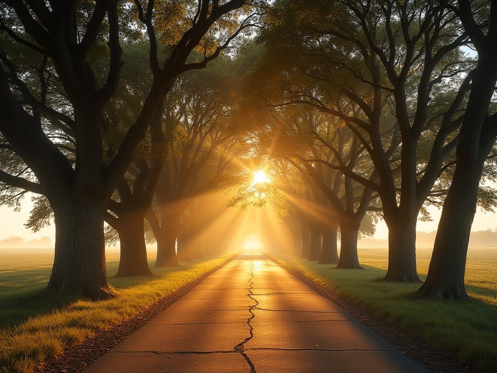 Sun-Drenched Country Road with Oak Trees