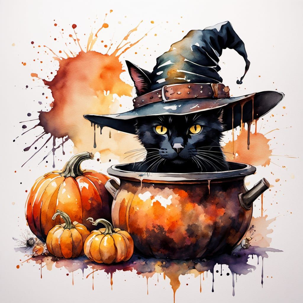 Black Cat in Witch Hat with Cauldron and Pumpkins