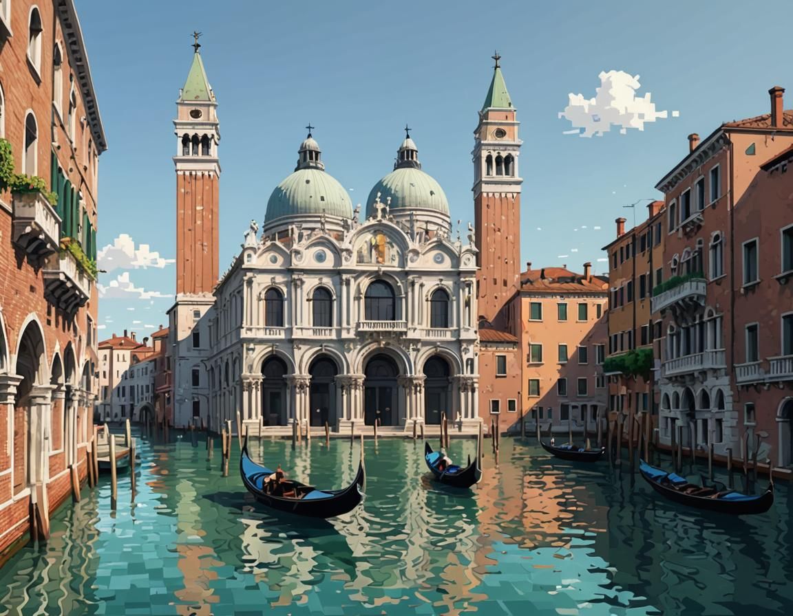 pixel art, vista frontale 2D, edifici di Venezia inclinati e che stanno affondando in acqua, in rovina, diroccati
