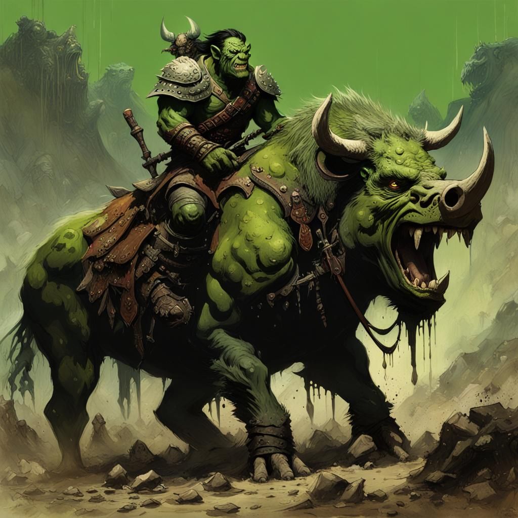 Orc on Armored Boar: A Frank Frazetta Inspired Scene