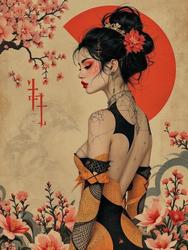 Abstract Figure in Garden: Hokusai and Vallejo Fusion